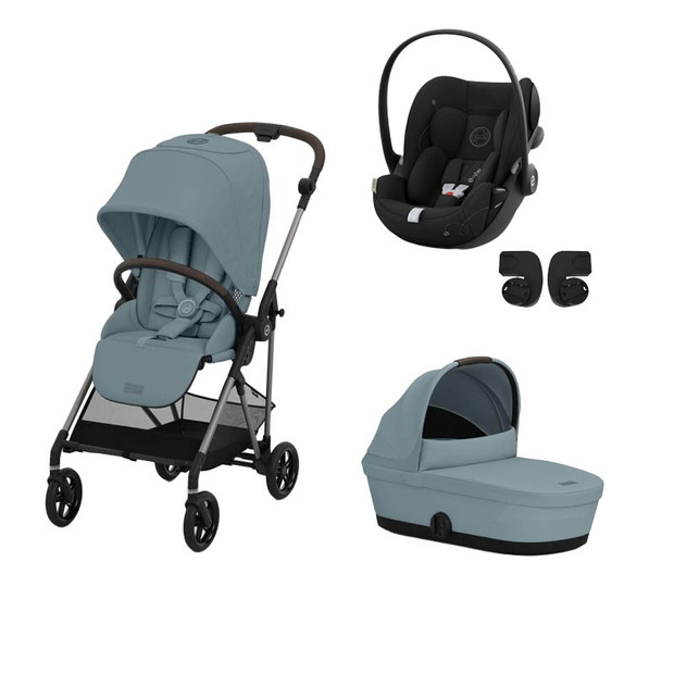 Poussette TRIO Melio 4 Taupe Nacelle Stormy Blue Cloud G I-Size Moon Black CYBEX