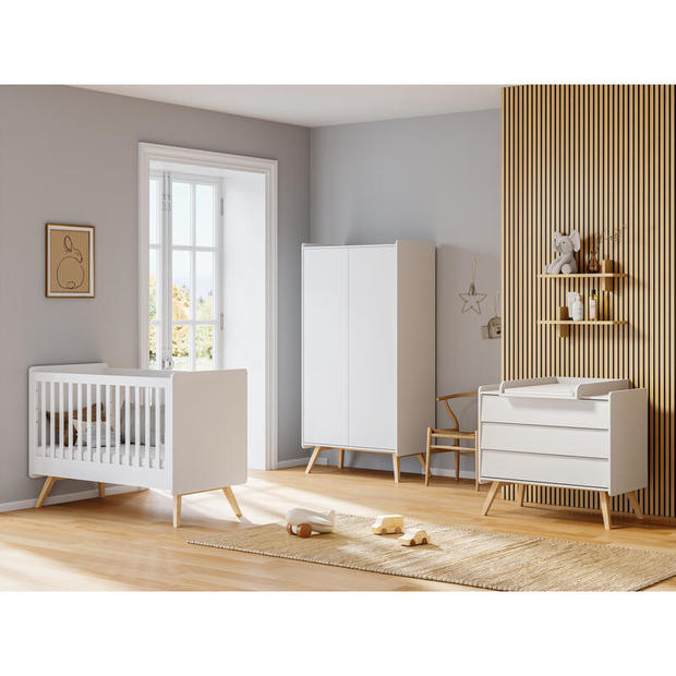 Chambre trio lit 60x120 cm + Commode + Armoire 2 portes Vintage - Blanc/chêne VOX