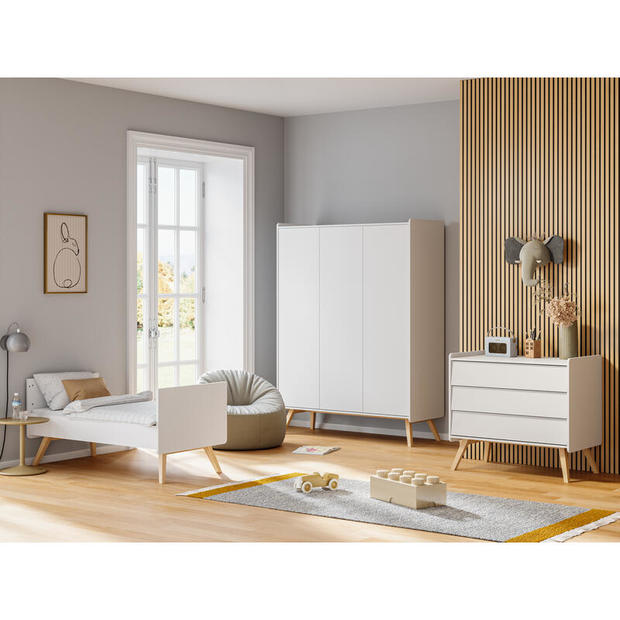 Chambre trio lit évolutif 70x140 cm + Commode + Armoire 3 portes Vintage - Blanc/chêne VOX